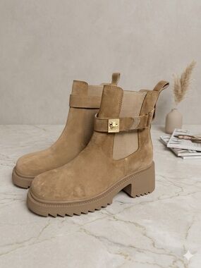 Steve Madden Tan Suede Lug Sole Chelsea Boots - Gold Buckle Accent